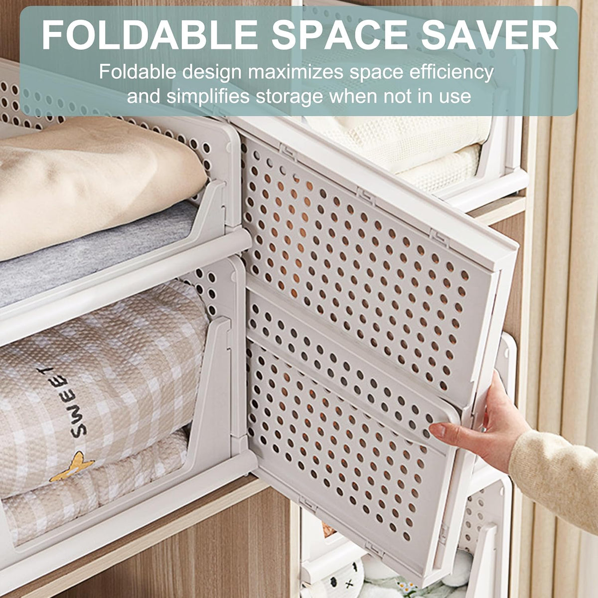 Goderewild Stackable Foldable Storage Baskets, Folding Storage Bins, Closet Organizers and Plastic Drawer Shelf Storage Container for Wardrobe, Cupboard, Kitchen, Bathroom, Office (White, 4S)