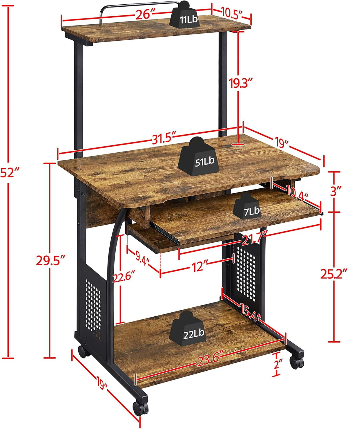 Topeakmart 2-Tier Rolling Desk with Printer Shelf & Keyboard Tray, Rustic Brown