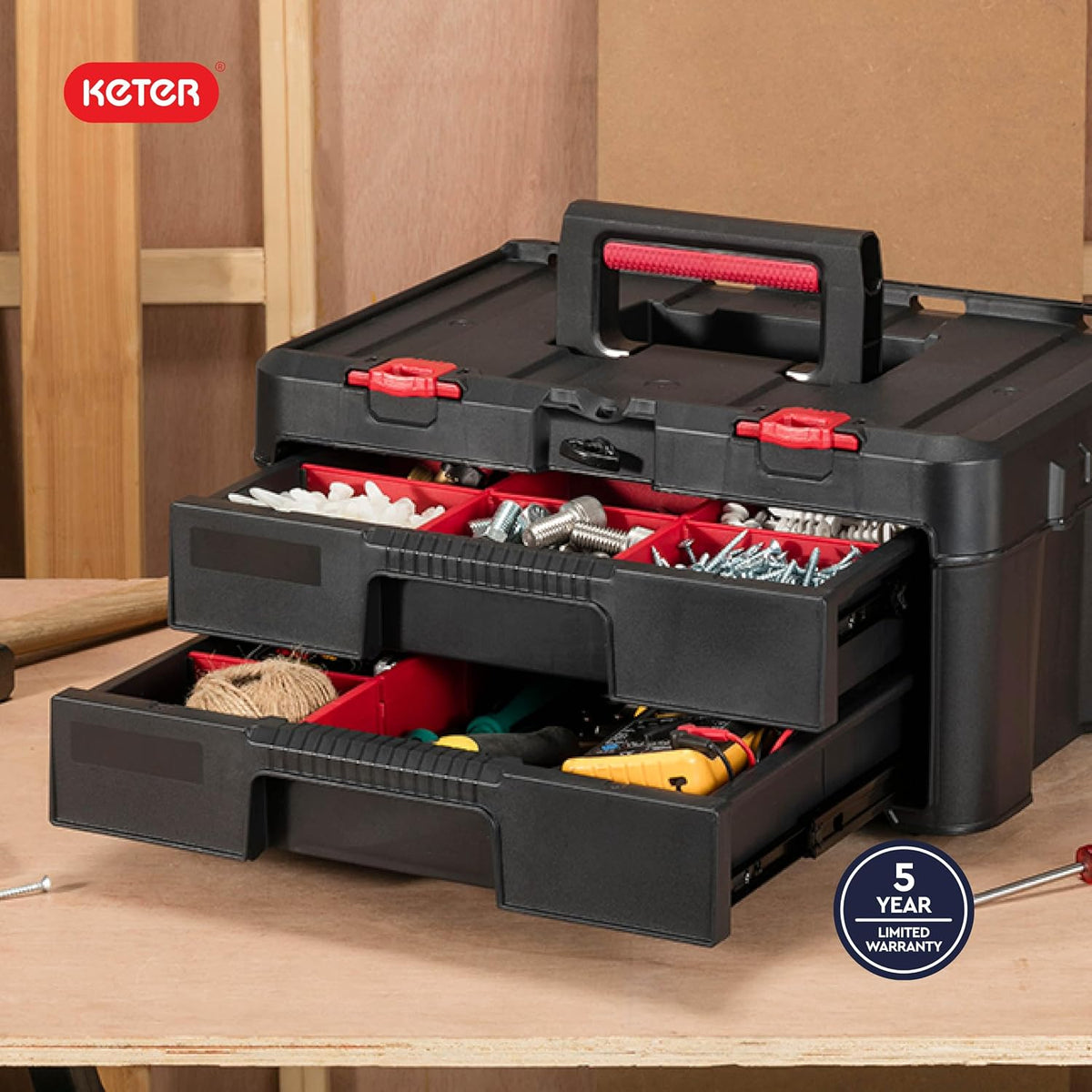 Keter Stack-n-Roll Two Drawer Tool Box for Small Parts and Power Tool Accessories, Fits Keter Modular Tool Storage System