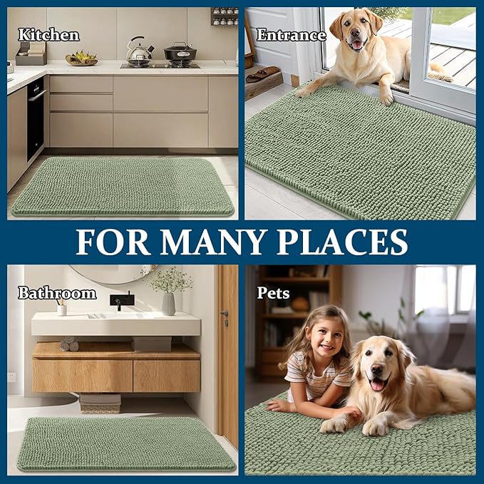 OLANLY Dog Door Mat for Muddy Paws 70x24, Absorbs Moisture and Dirt, Absorbent Non-Slip Washable Doormat, Quick Dry Chenille Mud Mat for Dogs, Entry Indoor Entryway Carpet for Inside Floor, Sage Green