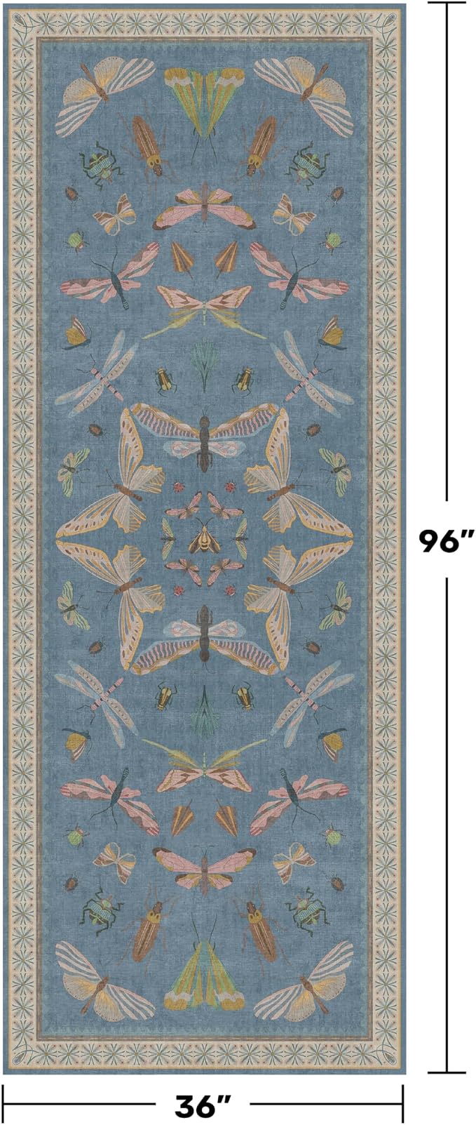 Vintage Blue Insect Hallway Runner Rug 3x8 Long, Non Slip Washable Carpet