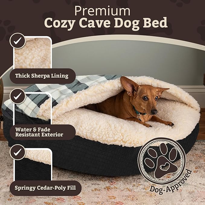 Snoozer Cozy Cave Dog Bed - Indoor Dog Bed with Cover Cave, Covered Calming Burrow for Medium & Large Sized Pets with Blanket Attached, Enclosed, Removable Washable Cover - XL, Barkley Black Diamond
