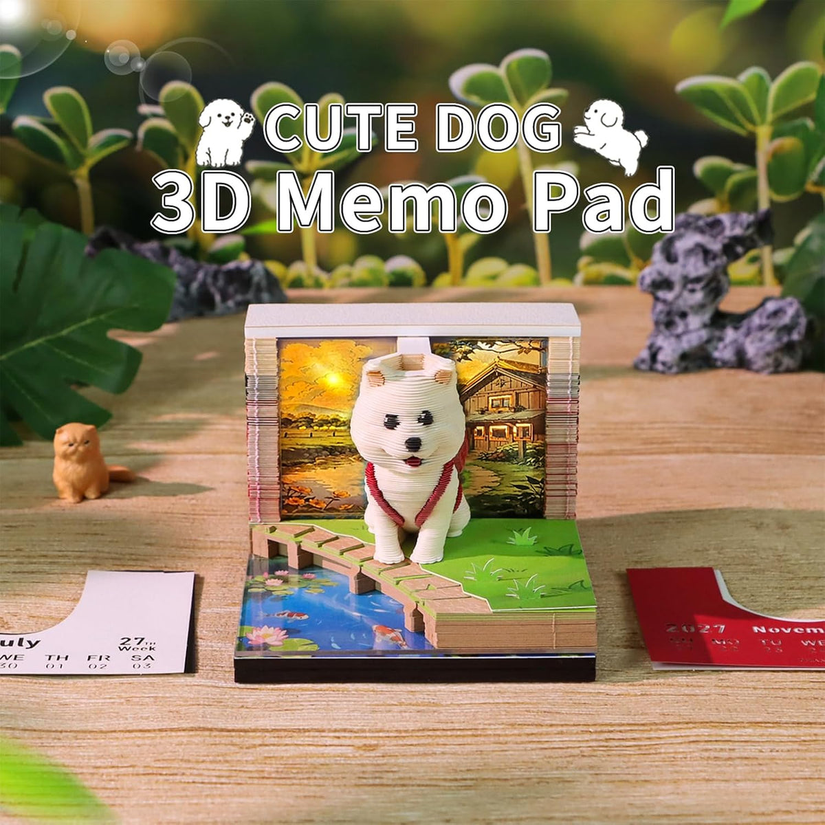 3D Calendar 2027, Desk Time Piece Calendar 2027,Tear-Away 3D Paper Art Notepad w LED Lights,Creative 3D Memo Artsy Pad Calendars, DIY Paper Carving Gift (Backpack Dog)