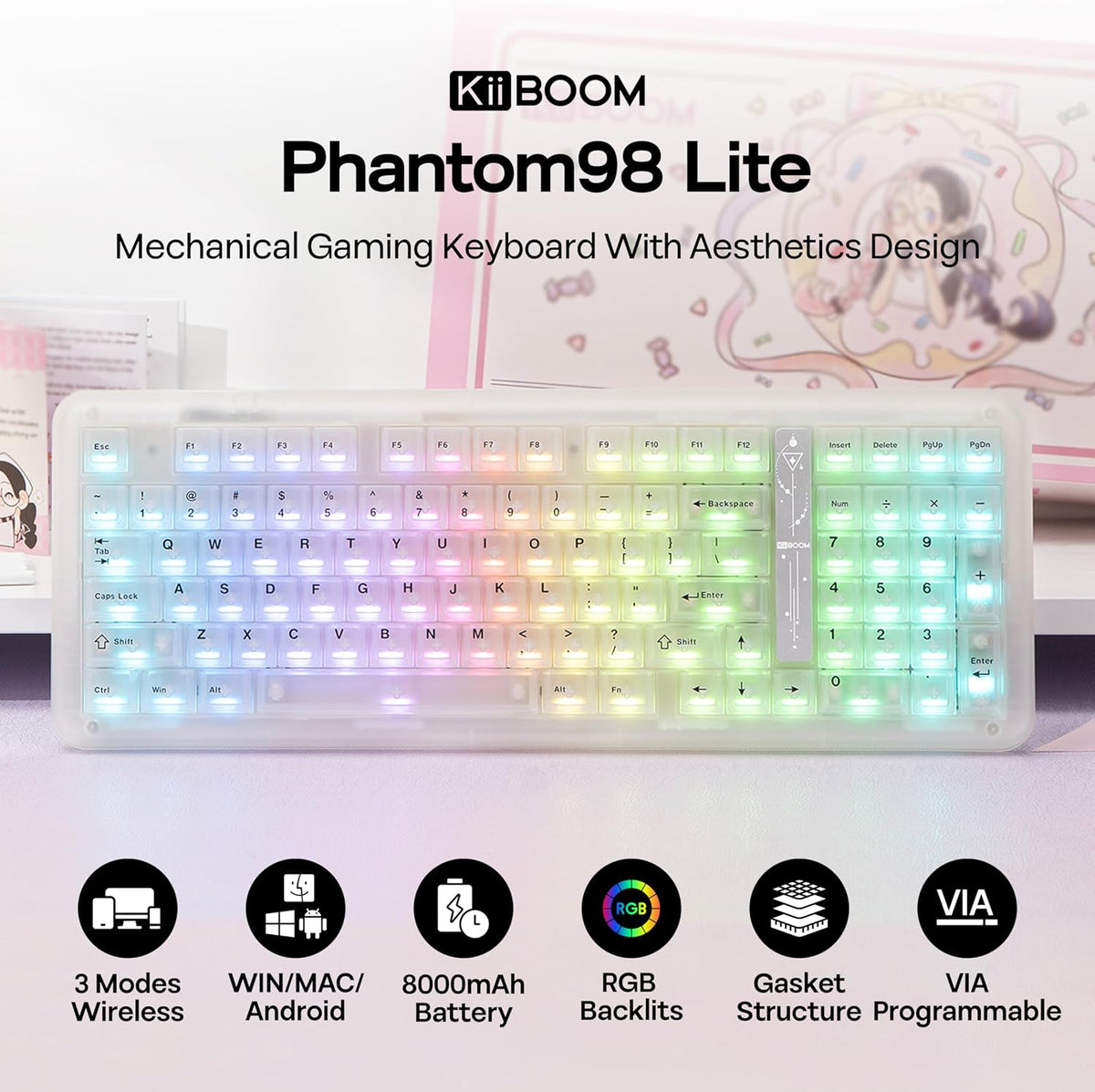 KiiBoom Phantom98 Lite 96% Wireless Mechanical Gaming Keyboard, VIA Custom