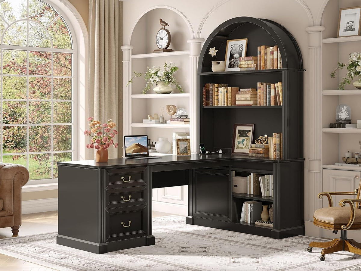SEDETA 67" L Shaped Desk with Tall Arched Bookshelf & 3 Drawers Storage