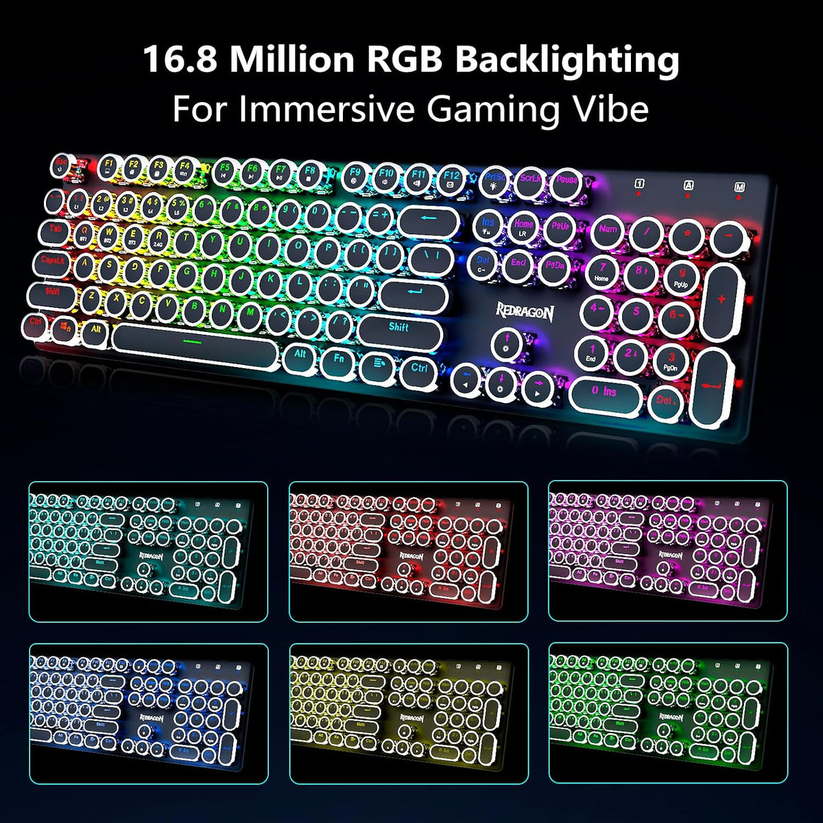 Redragon K710 Wireless Typewriter Style Mechanical Gaming Keyboard, Black
