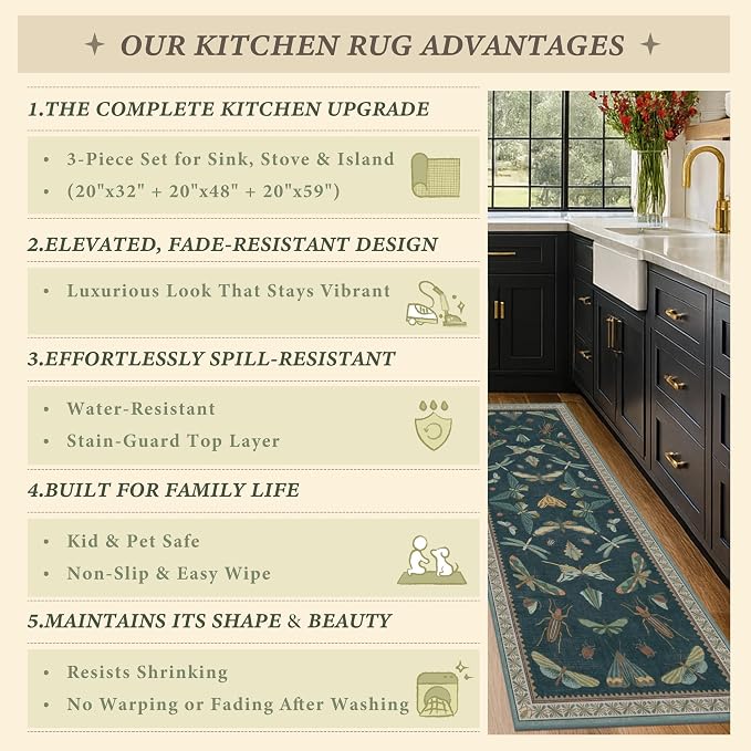 JTJ Botanical Insect Kitchen Rug Set of 3, Washable and Non-Slip Low Pile Floor
