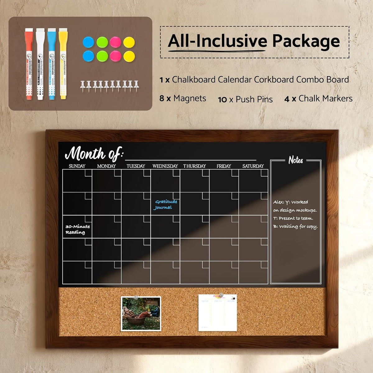 DOLLAR BOSS Chalkboard Calendar Corkboard Combo, 24" x 18" Rustic Brown