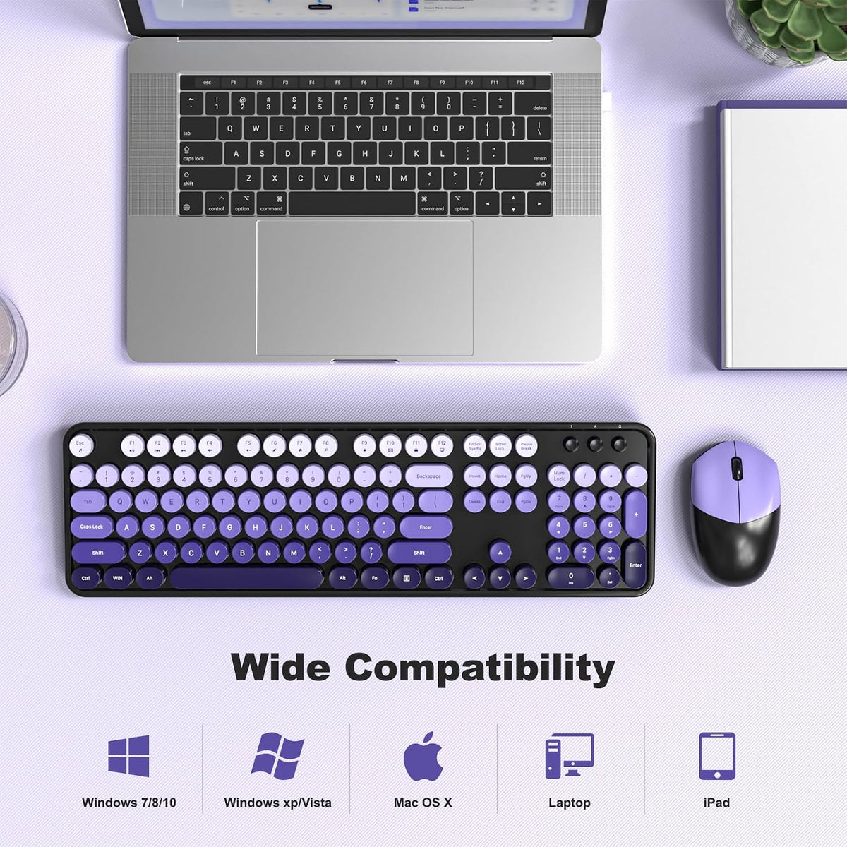 Wireless Keyboard and Mouse Combo, 2.4GHz Retro Full-Size Typewriter Keyboard with Number Pad and Wireless Mouse for PC/Laptop/Desktop/Windows (Black Purple Colorful)