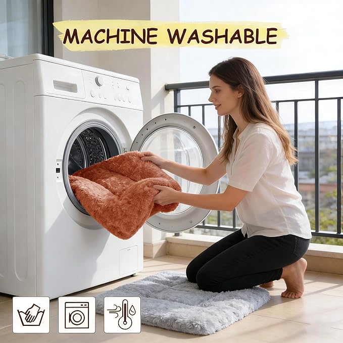 Washable Dog Bed for Small to Large Dogs, Calming Anti Anxiety Medium Dog Bed, Deluxe Plush Faux Fur Crate Beds, Comfy Fluffy Kennel Pad Pet Sleeping Mat with Non-Slip Bottom, 41"x27", Brown