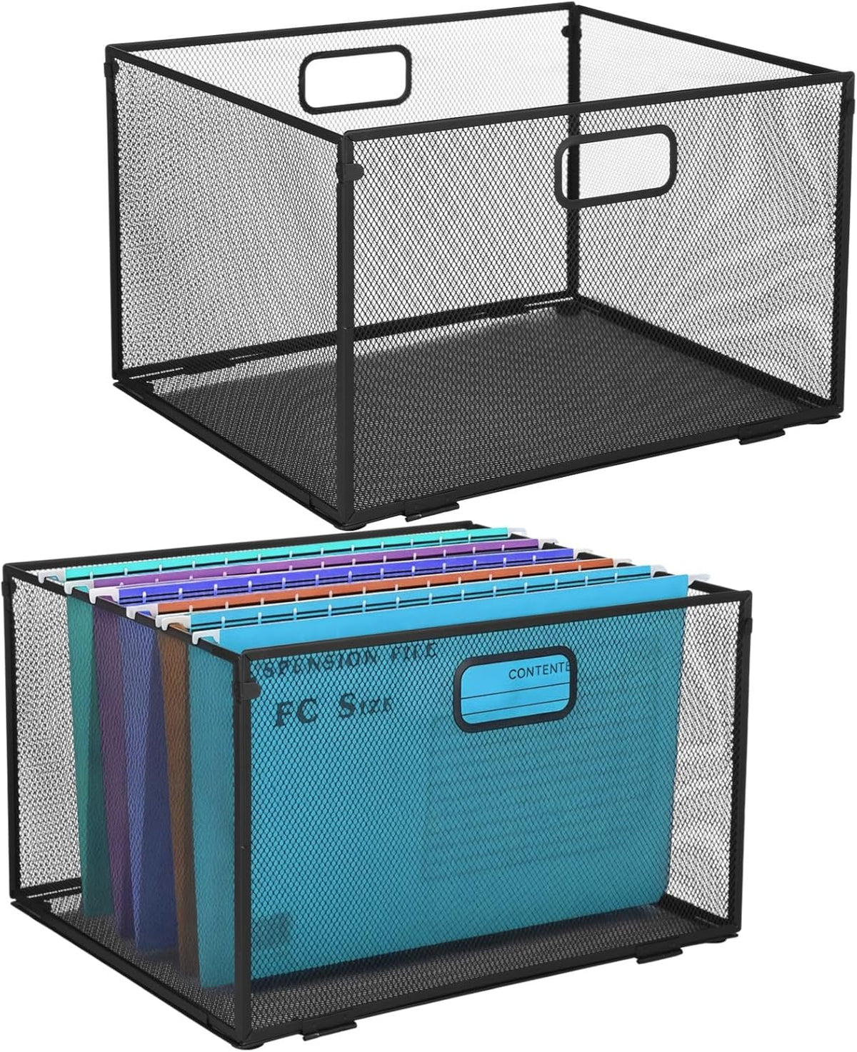 2 Pcs Black Metal Folding File Rack, Stackable Mesh Design Document Organizer with Portable Handles, Easy Assembly, 12.2 x 15.75 x 9.65 in, for Office Desk Storage & Hanging File Folders