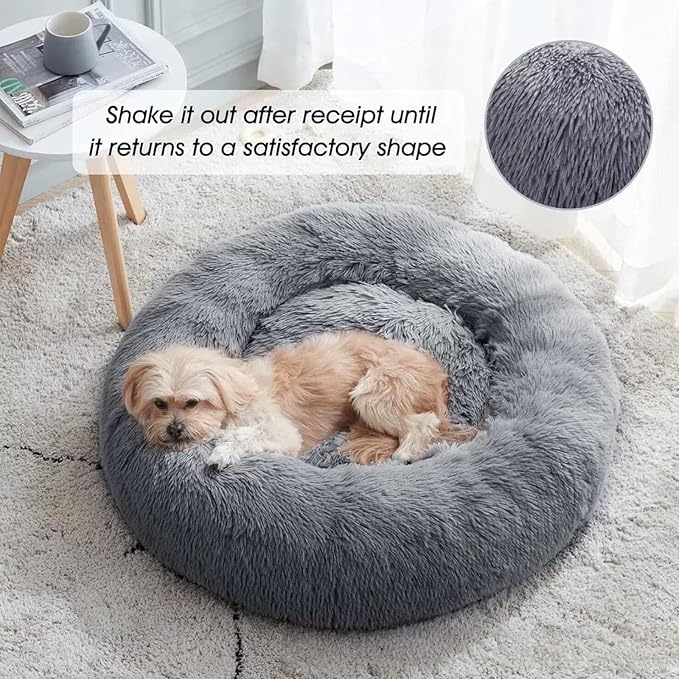 SALAN Dog & Cat Bed for Indoor Cats, 16in Calming Donut Bed for Puppy and Kitten, Washable Round Fluffy Pet Bed for Small Medium Dogs and Cats.(Gray)