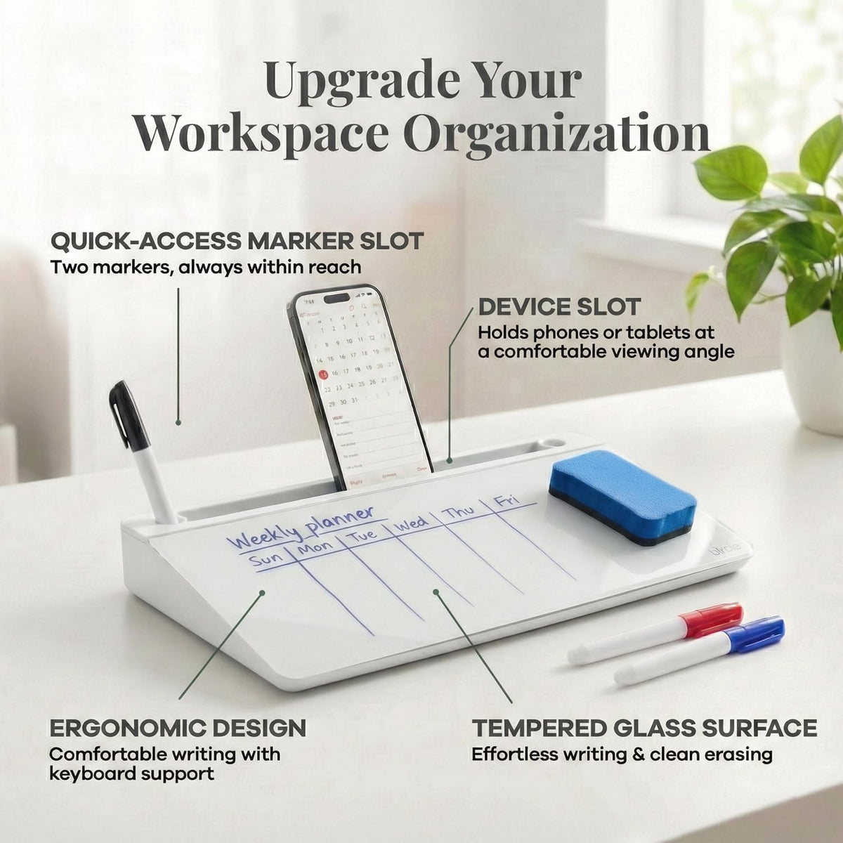 Birch Desktop Glass Whiteboard with Magnetic Weekly Calendar – Dry Erase Board, Keyboard Stand, Hidden Storage, Adjustable Dividers, 3 Markers & Eraser – Office, Home, School – Cloud