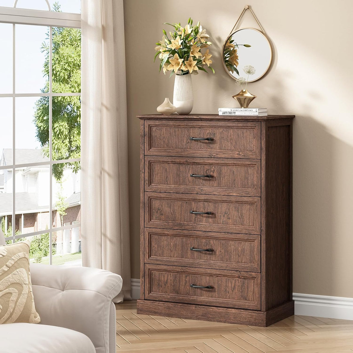 CARPETNAL Farmhouse 5 Drawer Dresser for Bedroom, 44" Tall Brown Dresser.