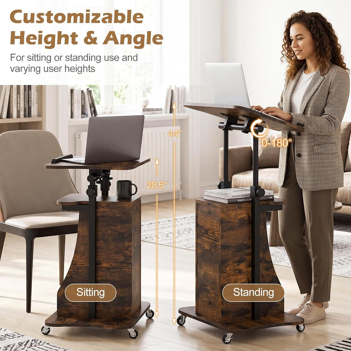 Tangkula Mobile Lectern Podium, Height Adjustable Podium Stand, Sit-to-Stand Desk with Tilting Tabletop & Storage Shelves, Rolling Laptop Cart Desk with Lockable Casters for Home Office School