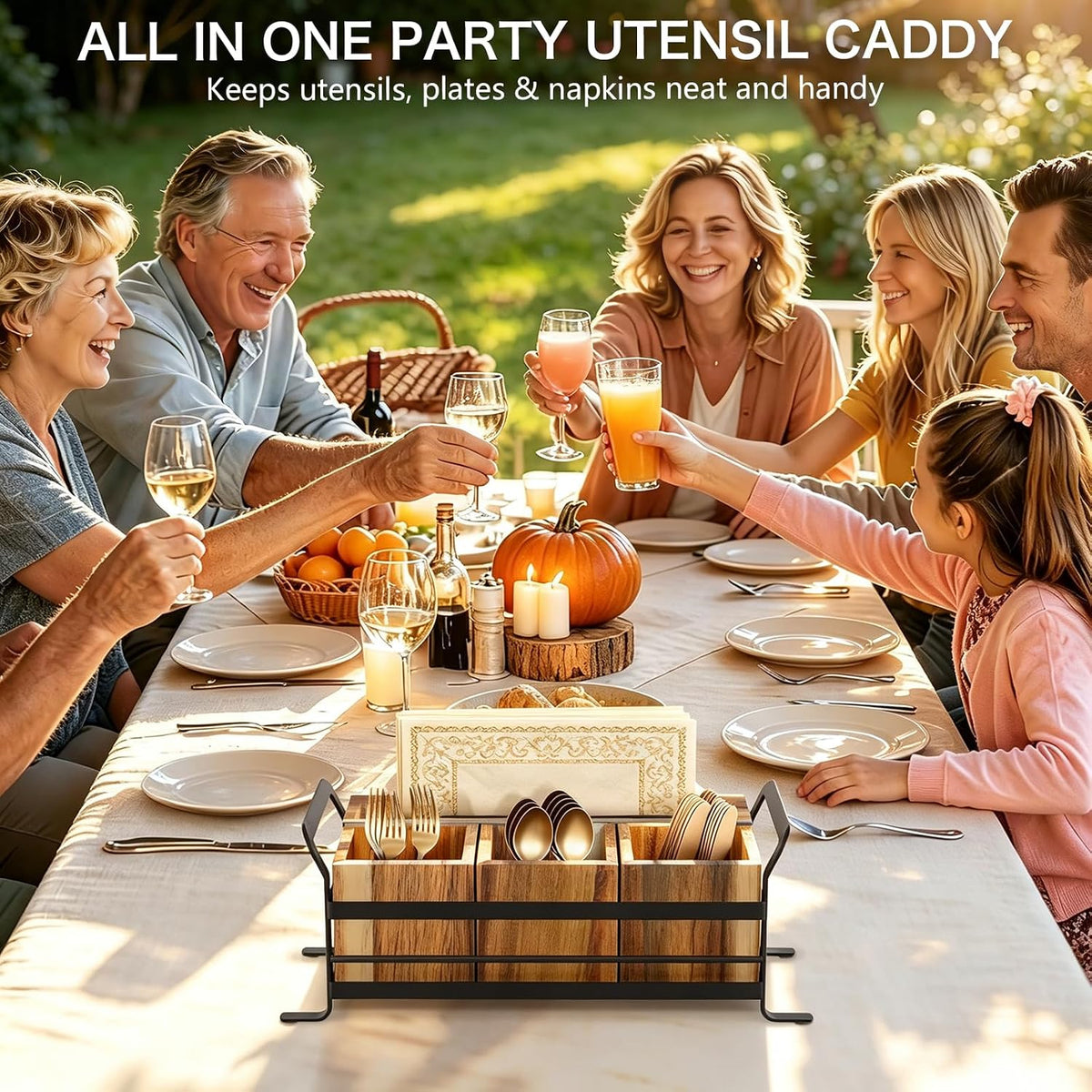Acacia Wood Silverware Caddy for Party, 4 Compartment