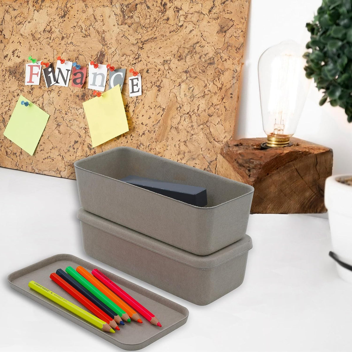 Welaxy Minimalist 2pc Lidded Desk Organizer Stone Long Stackable Trays