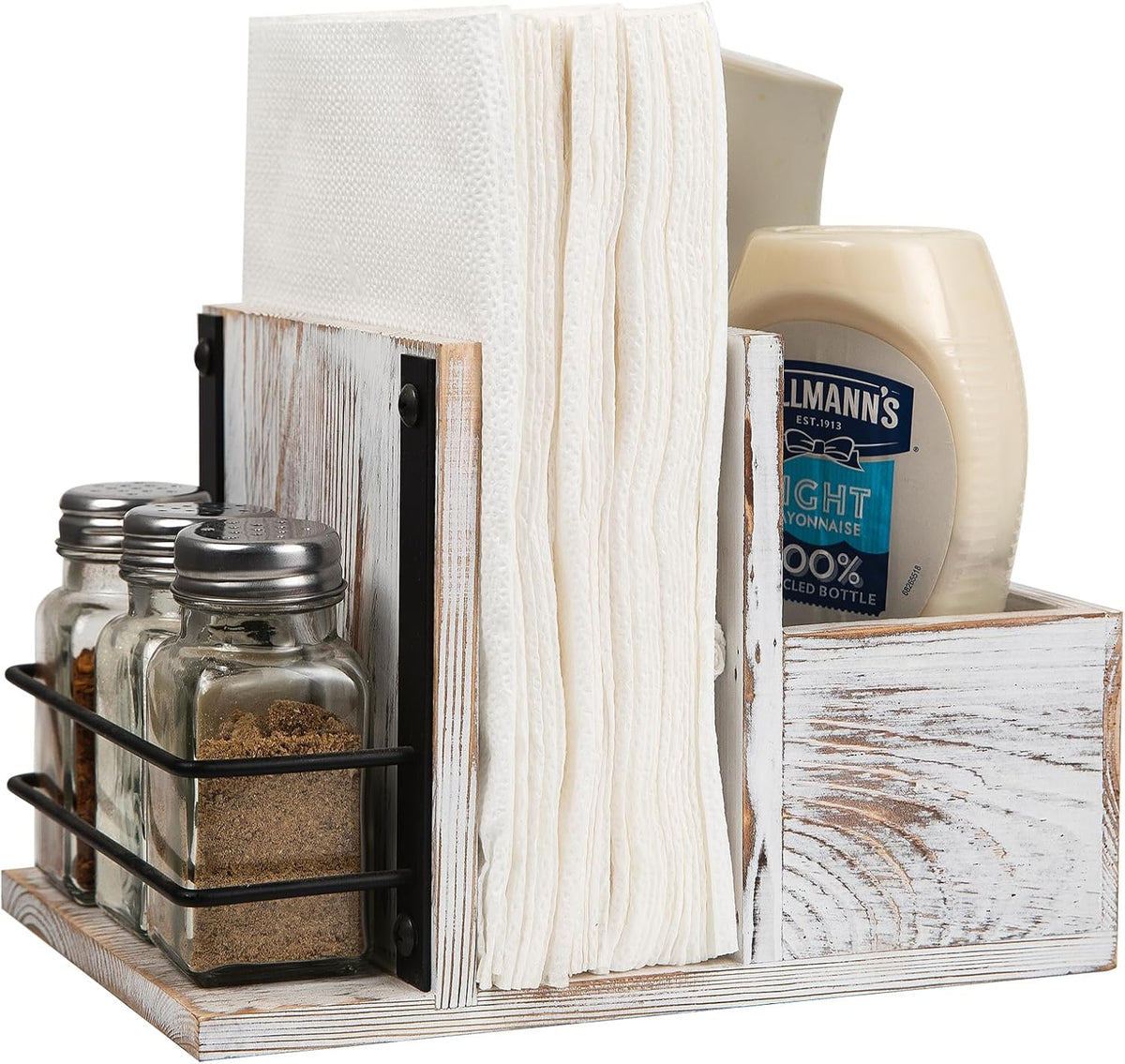 Rustic Whitewashed Wooden Kitchenware Organizer Napkin Utensil Spice Holders Table Seasoning Shakers Chalkboard Label Countertop Salt Pepper Caddy Wood Kitchen Dining Room Restaurant Café Home