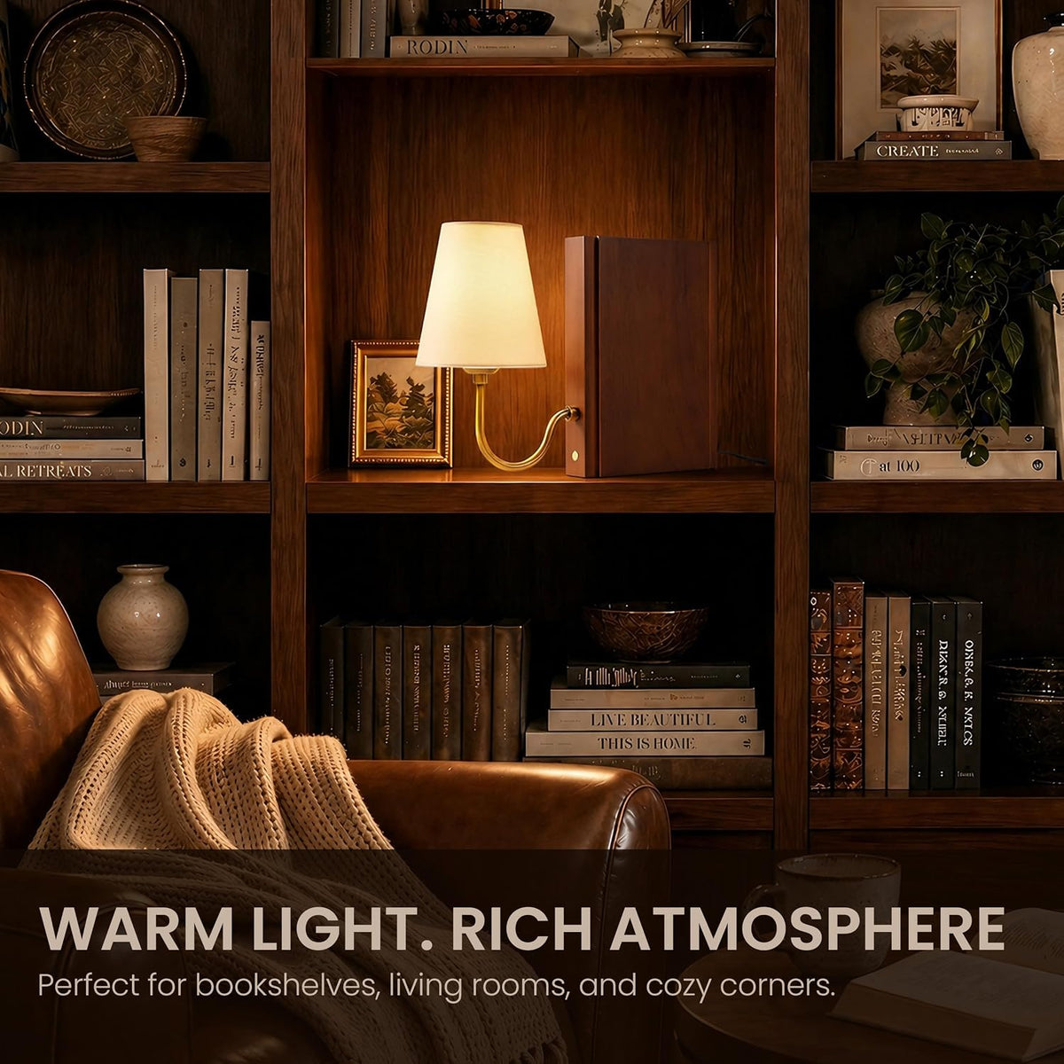 AELS Solid Wood Bookshelf Lamp with Bulb, 3-Color Touch Control Dimmable Table Lamp with Linen Shade, Modern Decorative Bookend Lamp for Bedroom, Office & Bookshelf Decor, Dark Brown