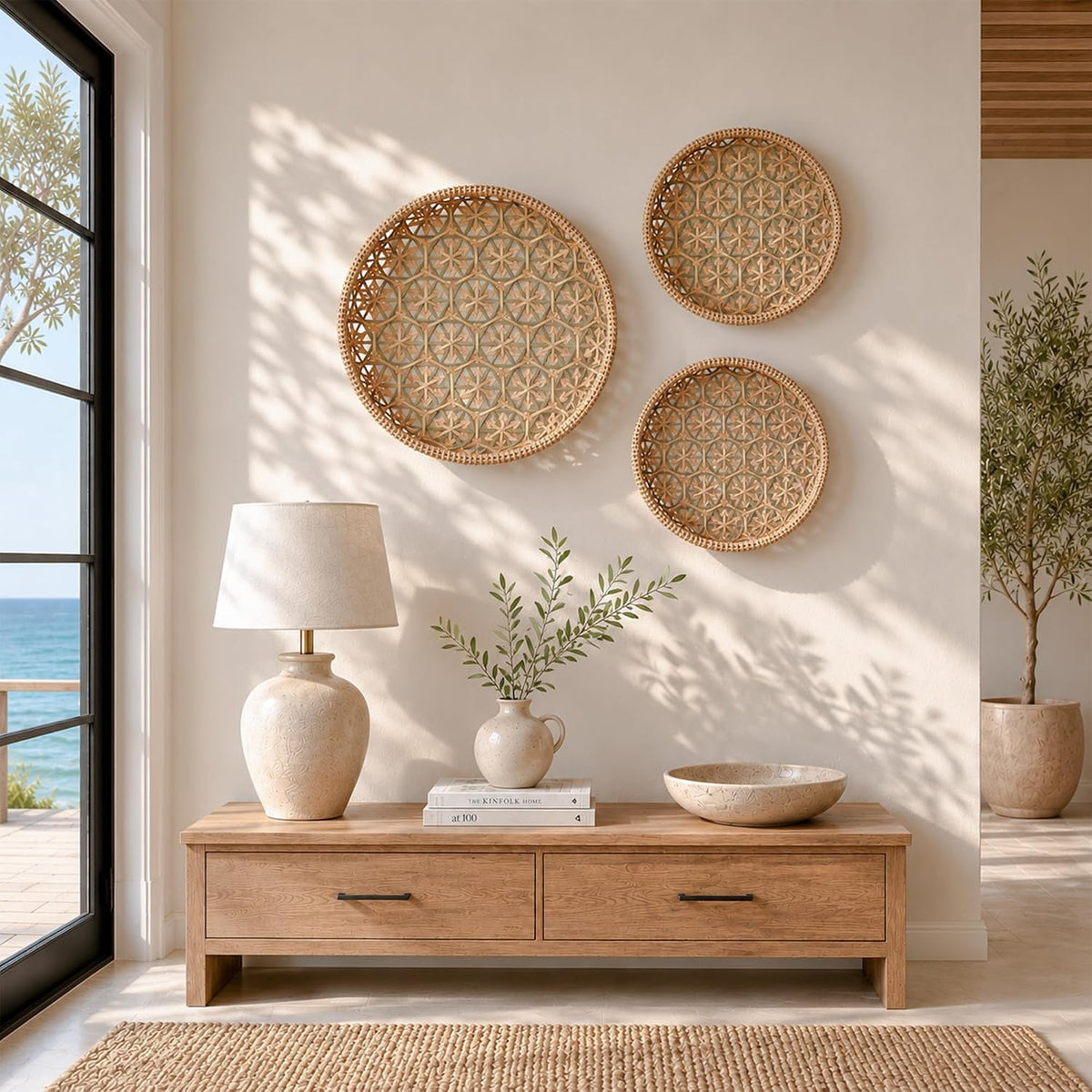 Handwoven Bamboo Basket Set of 3, Round Nesting Bread & Fruit Baskets, Natural Spiral Weave, Decorative Serving Baskets for Table & Home Decor (Lattice Natural Olive)