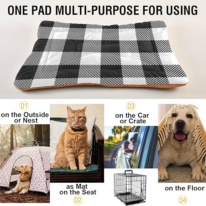 Buffalo Plaid Dog Bed Mat Black and White Pet Kennel Beds Washable Cat Beds Crate Pad Pets Sleeping Mattress for Large Medium Small Dogs 36x24 Inch