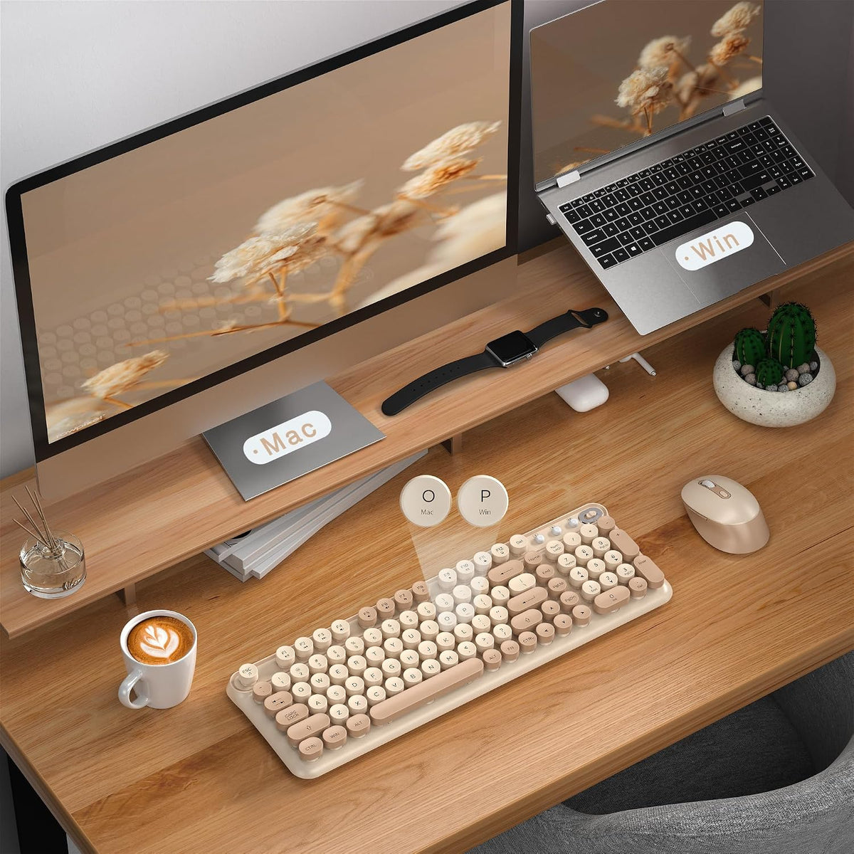 Links9+ Wireless Keyboard and Mouse Combo, Full Sized (Milk Tea)