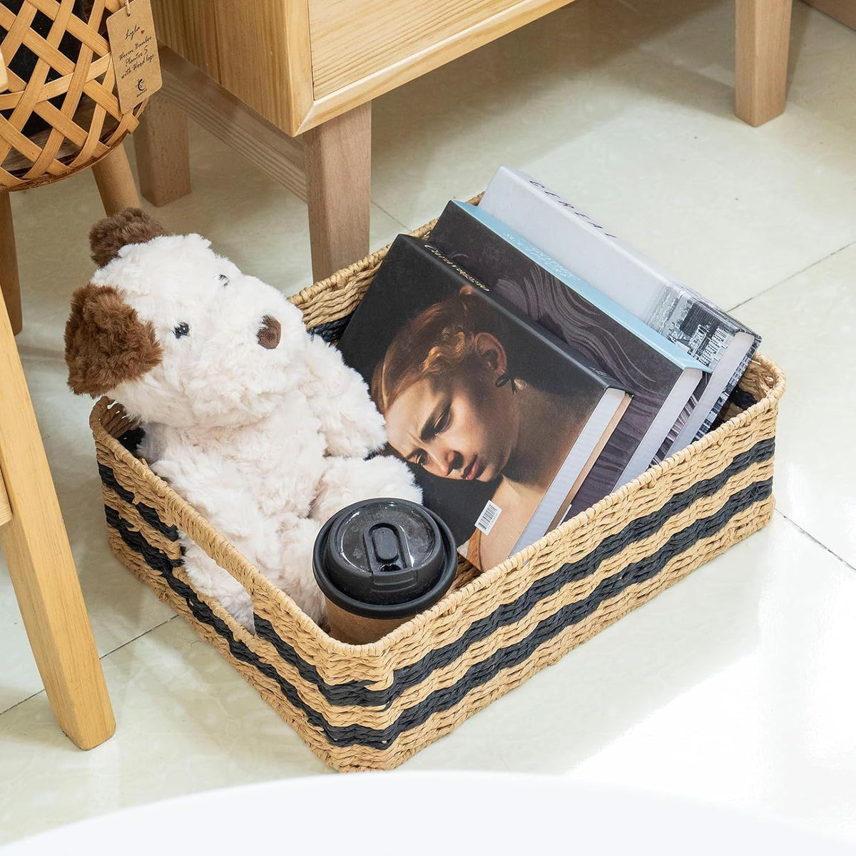Handwoven Paper Rope Storage Basket, Rectangular Wicker Organizer