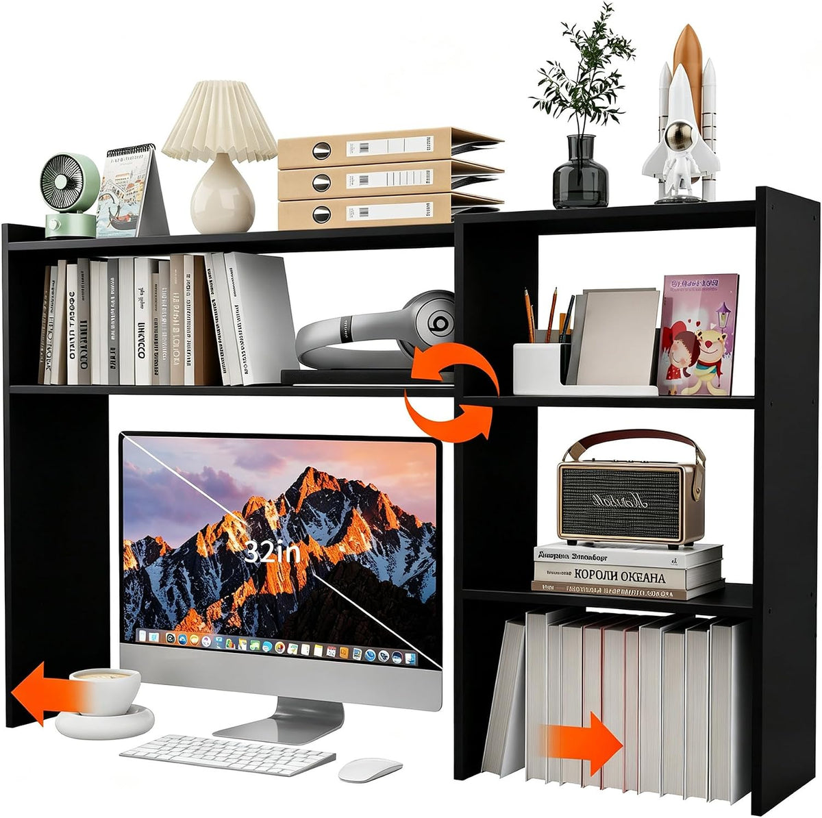 Aetheris Desktop Bookshelf, 43”Adjustable Office Desktop Organizer Shelf, Countertop Storage Hutch with 4 Shelves for Computer Desk, Adjustable Desk Hutch, Wooden Desktop Bookcase (Black)