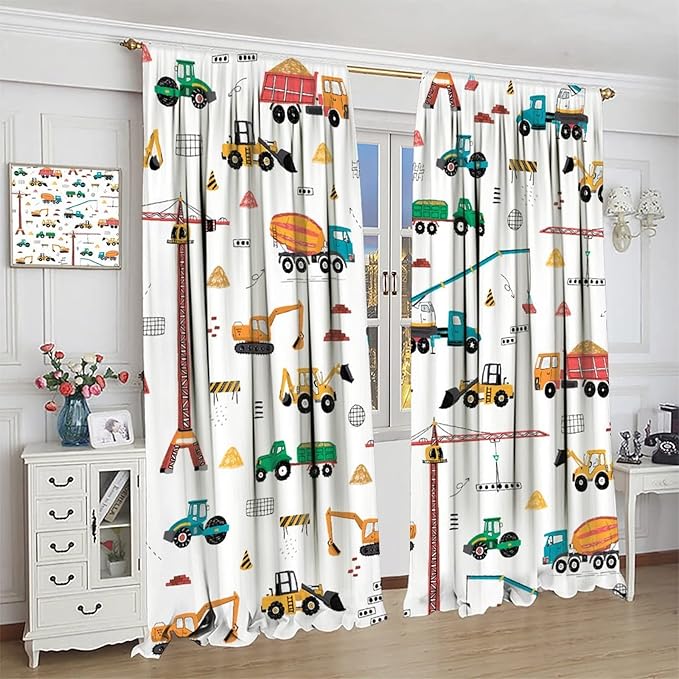 Construction Window Curtains, Kids Cartoon Construction Machines Building Hand