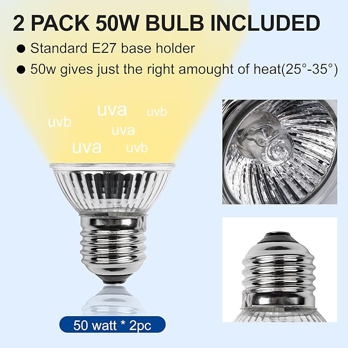 Reptile Heat Lamp, UVA UVB Turtle Basking Light with 50W Heating Lightbulb and 360° Rotatable Clip, UV Heatlamp for Turtle Tank, Tortoise, Lizard, Reptiles, Terrarium, Snake, Gecko, Spiders