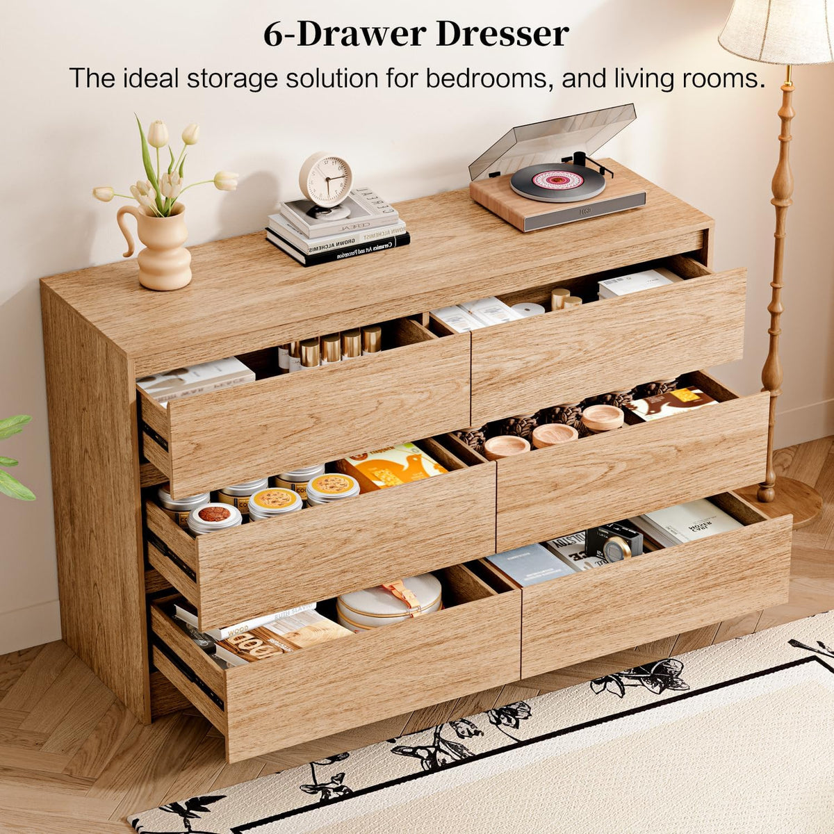 Chrangmay 6 Drawer Dresser,47.24" Wide Mid Century Chest of Drawers,Wooden Bedroom Drawer Dresser with 6 Storage Drawers for Bedroom,Living Room,with Anti-Tipping Device, Wheat