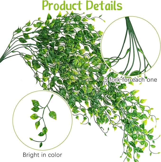 Hamiledyi Reptile Plants Tank Habitat Decorations Fake Hanging Vines 5 Pcs Artificial Leaves Habitat Decorations with Suction Cup for Bearded Dragon, Leopard Gecko, Lizard, Chameleon, Snake (Green)