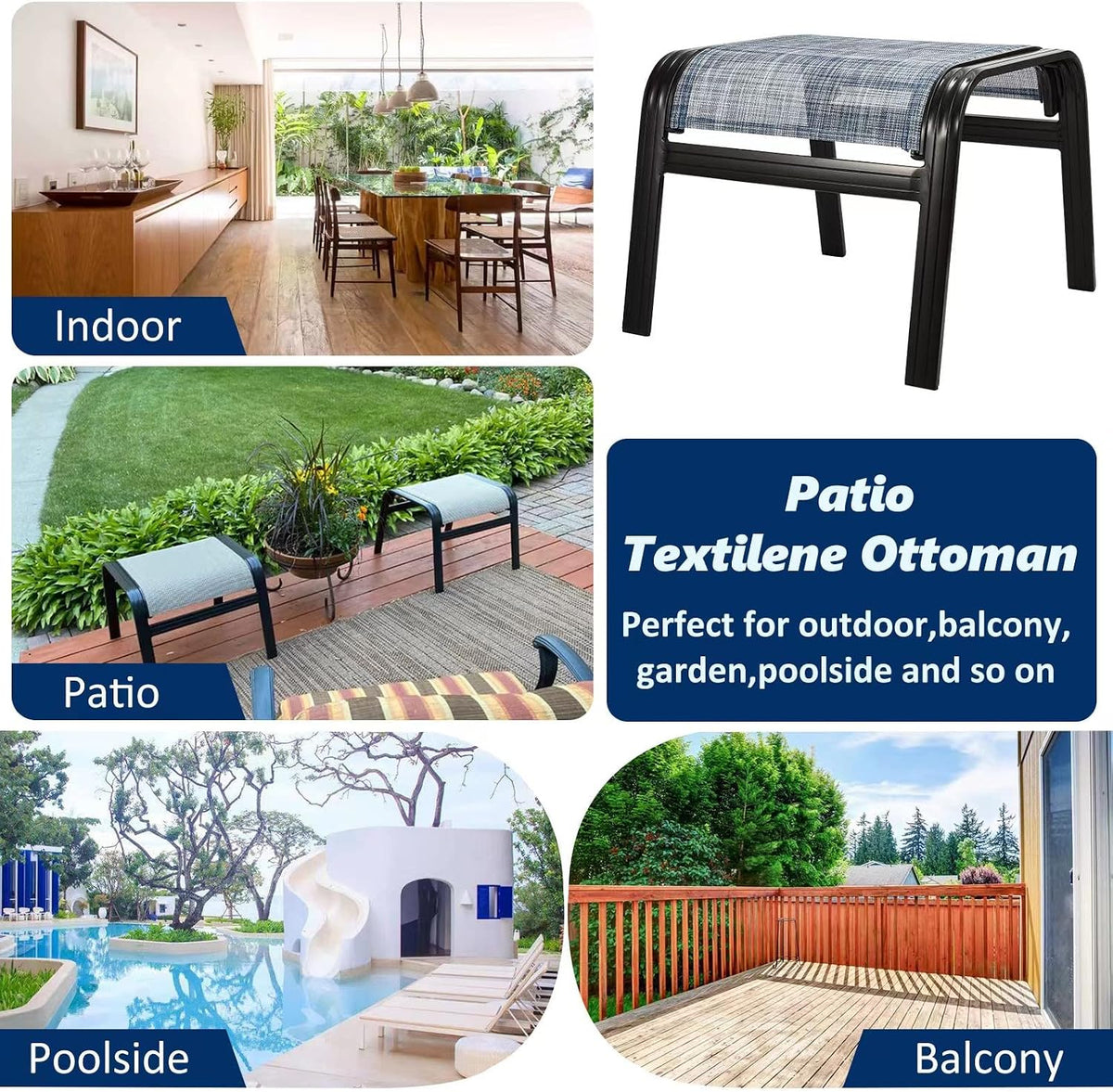 Outdoor Footstools for Patio,Textile Ottomans Metal Dining Footrests Stack Chairs for Lawn,Garden or Porch 2 Set Blue