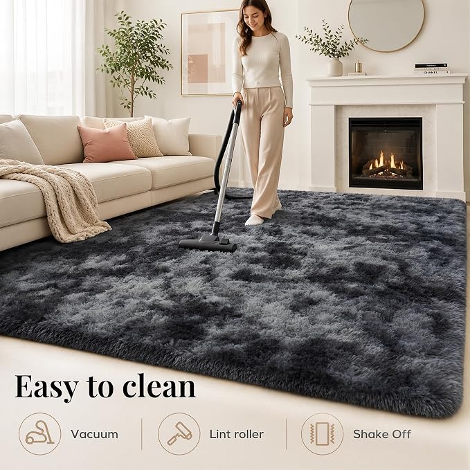Area Rug for Living Room Bedroom: 9x12 Black Grey Soft Fluffy Shag Upgrade