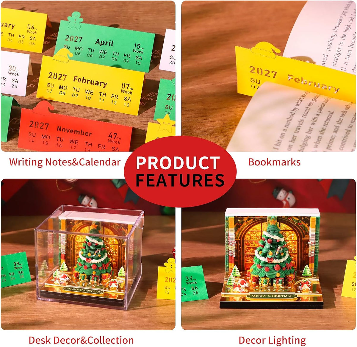 3D Calendar 2027,3D Art Desk Time Piece Calendar Tear-Away Memo Pad DIY Note Pad for Record, Bookmark, Gift & Office Decor (Christmas Tree)