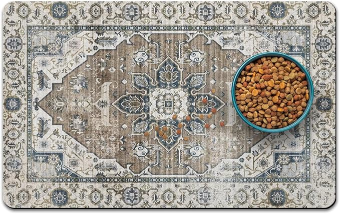 Dog Food Mats for Floors, Absorbent and Quick-Drying Pet Cat Food Mat,Anti-Fouling and Easy-to-Clean Pet Feeding Mat,Dog Bowl Mat for Messy Drinking Water Bowls.17 x32, Bohemia Style