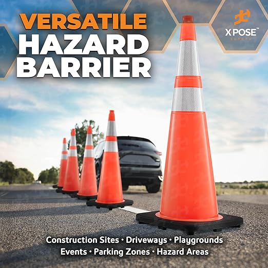 Xpose Safety 36 Inch Orange Traffic Cones with 6" & 4" Collars, 1-Pack - Multipurpose PVC Plastic Safety Cone for Parking, Soccer, Caution, Kids and Construction - DOT Approved