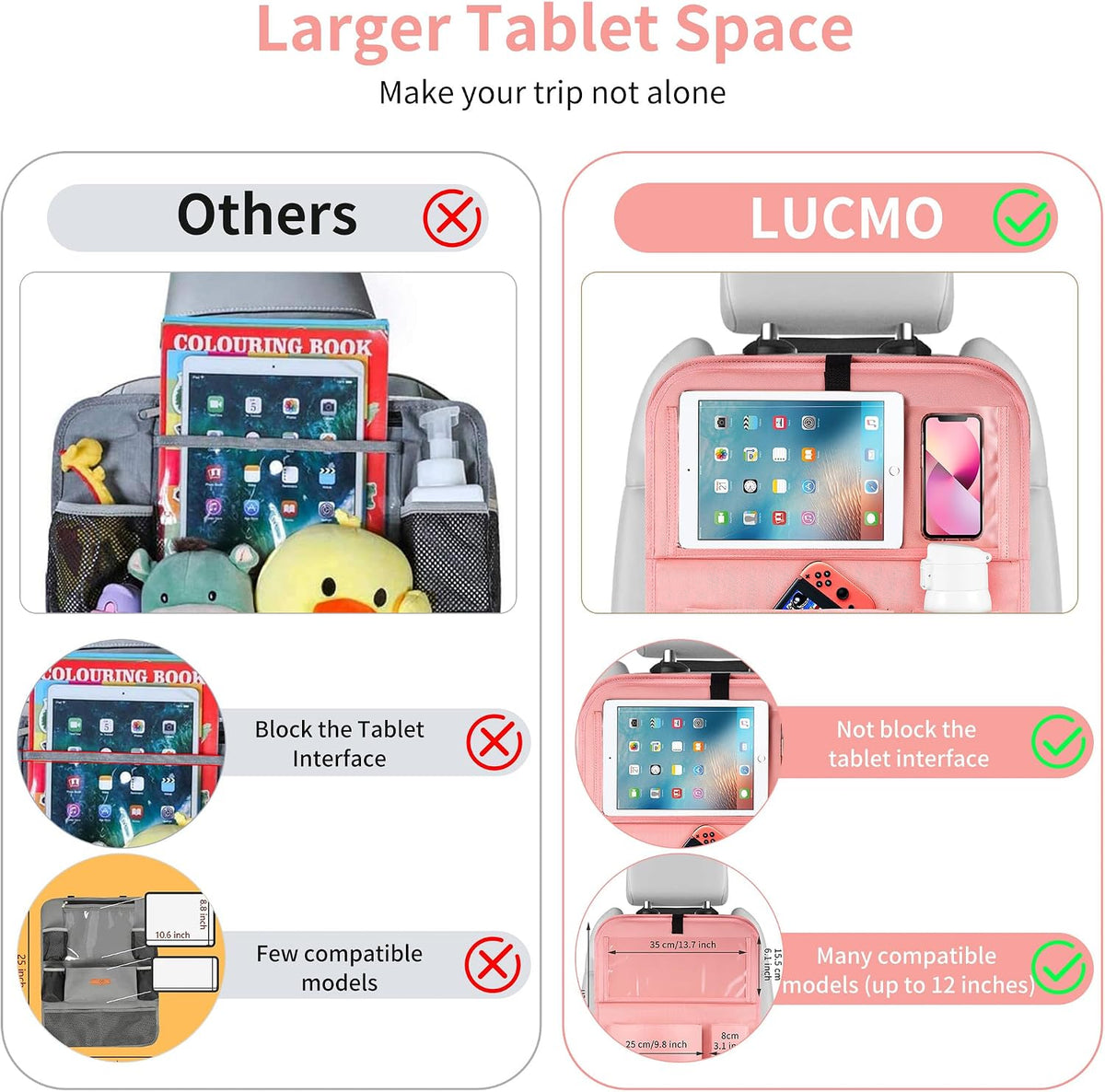 LUCMO Car Backseat Organizer with Foldable Tablet Holder, Pink