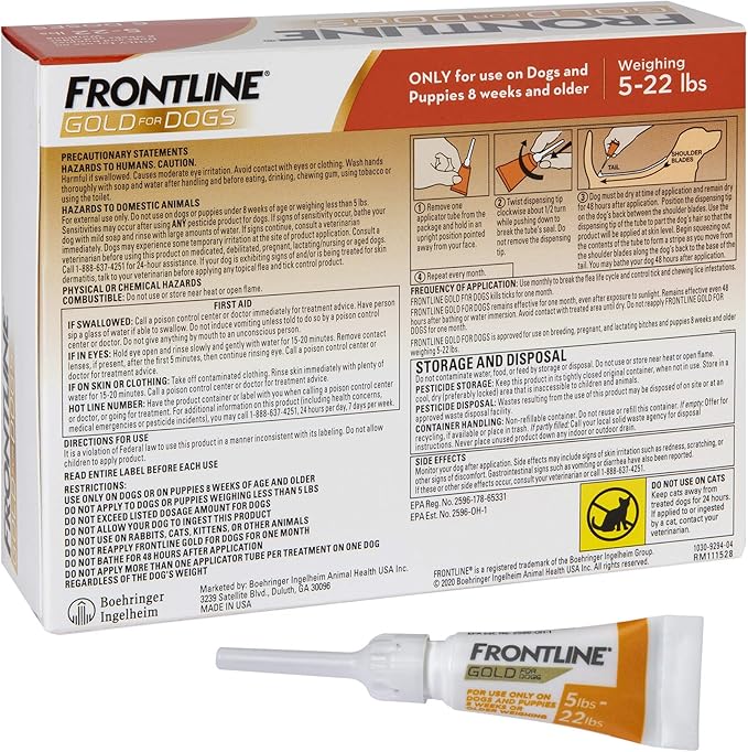 FRONTLINE Gold Flea & Tick Treatment for Small Dogs Up to 5 to 22 lbs., Pack of 6