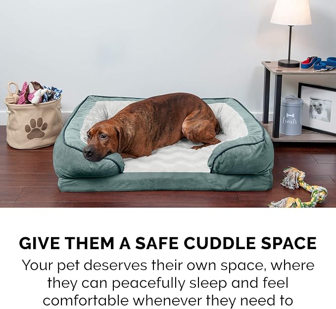 Furhaven Orthopedic Dog Bed for Large Dogs w/ Removable Bolsters & Washable Cover, For Dogs Up to 125 lbs - Plush & Velvet Waves Perfect Comfort Sofa - Celadon Green, Jumbo Plus/XXL