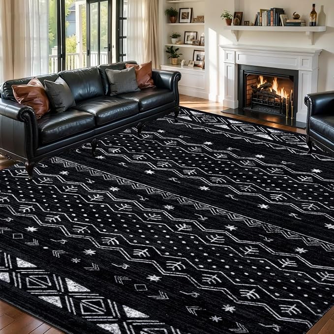 SERISSA 7x9 Area Rugs for Living Room, Washable Non-Slip Black and White Boho