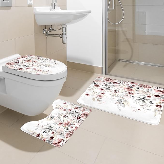 4 PCS Pink Floral Flower Shower Curtain Set 72Wx72H Inch Watercolor Pastel Plant Complete Bathroom Set Non-Slip Bath Rug Toilet Lid Cover and U Shape Mat Accessories 12 Hooks Bathoom Decor