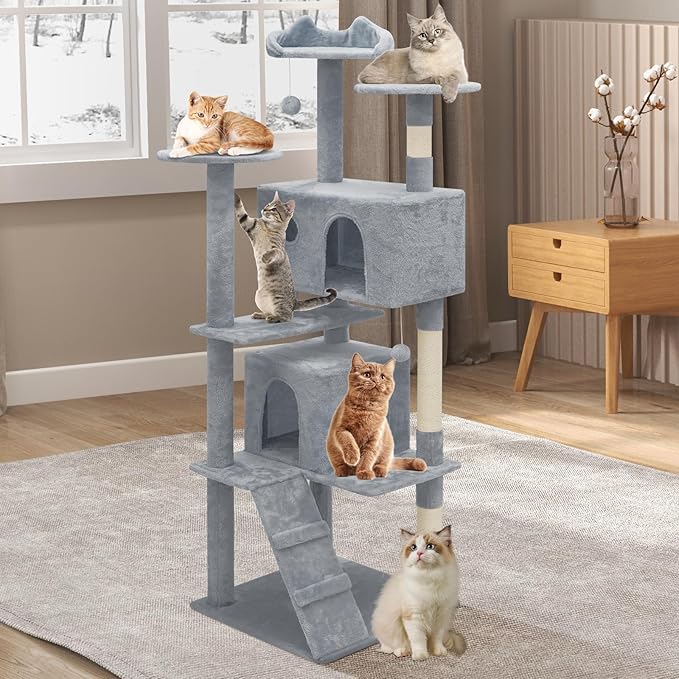 Athena Collection 70 Inch Cat Tree for Indoor Cats, Multi-Level Activity Center With 2 Condos, Scratching Post & Dangling Ball, Tall Climbing Tower, Light Gray