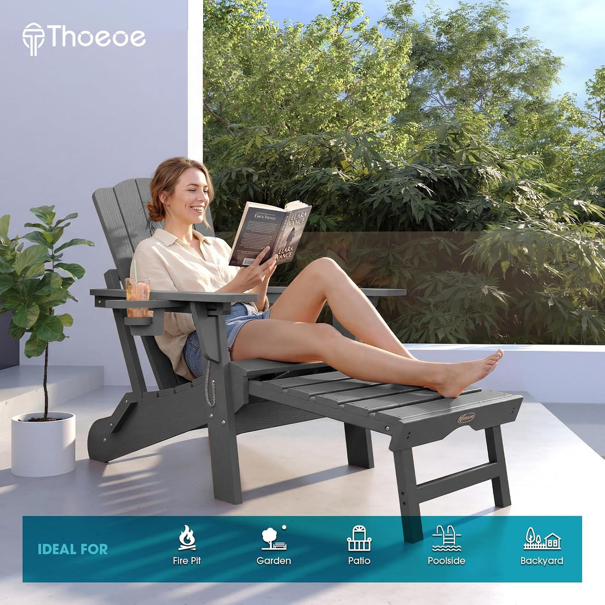THOEOE Adirondack Chairs with Footrest, Folding HDPE Chairs Set of 2