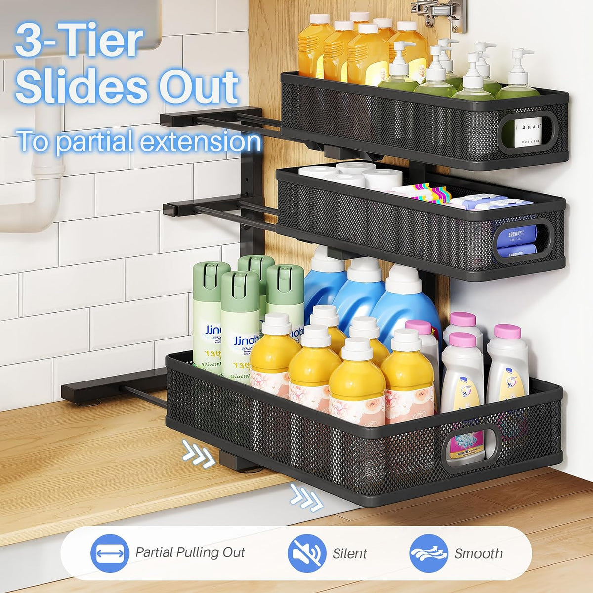 Under Sink Organizer, 3-Tier Thickened Metal Pull out Cabinet Organizer Shelf, Height Adjustable Slide out Storage Drawer Rack for Kitchen Bathroom Pantry Laundry Home Organization, 1-Pack, Black