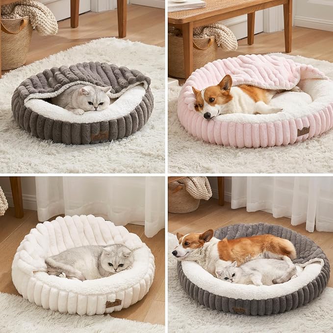 Cat Bed with Hooded Blanket, Round Fluffy Anti-Anxiety Pet Bed for Cats/Toy Breed Dogs, Cozy Donut Cuddler with Machine Washable Faux Fur & Anti-Slip Bottom(20"×20"×6",Cream)