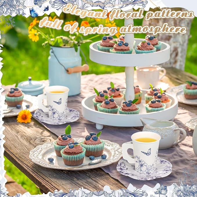 Tioncy 100 Pcs Tea Party Decorations Include 50 Pieces 9 oz Paper Tea Cups