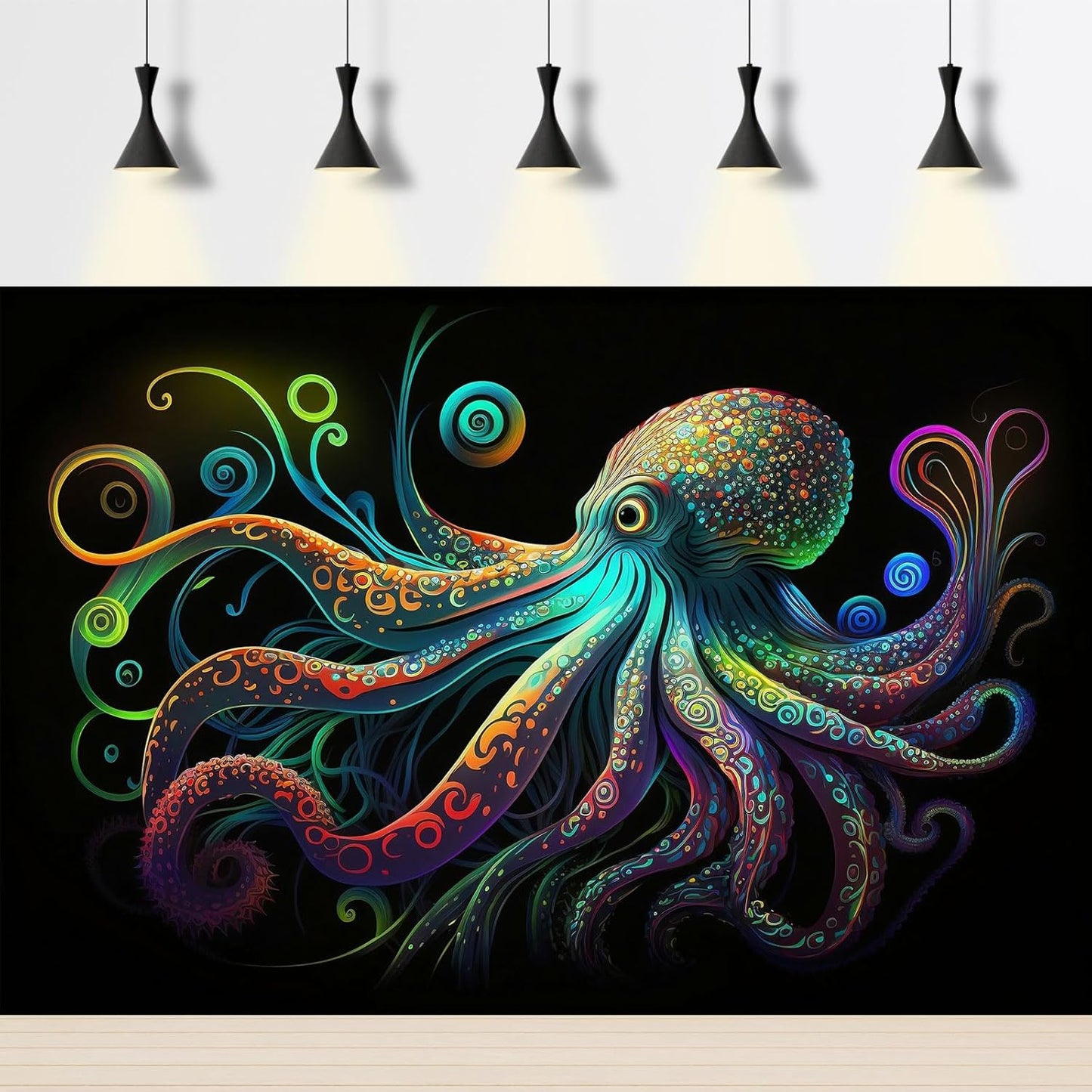 Octopus Aquarium Background Exquisite Colorful Octopus Terrarium Background Glowing Octopus on Black Background Fish Tank Backdrop Octopus Backdrops Poster Wallpaper Decorations Vinyl 24x16in