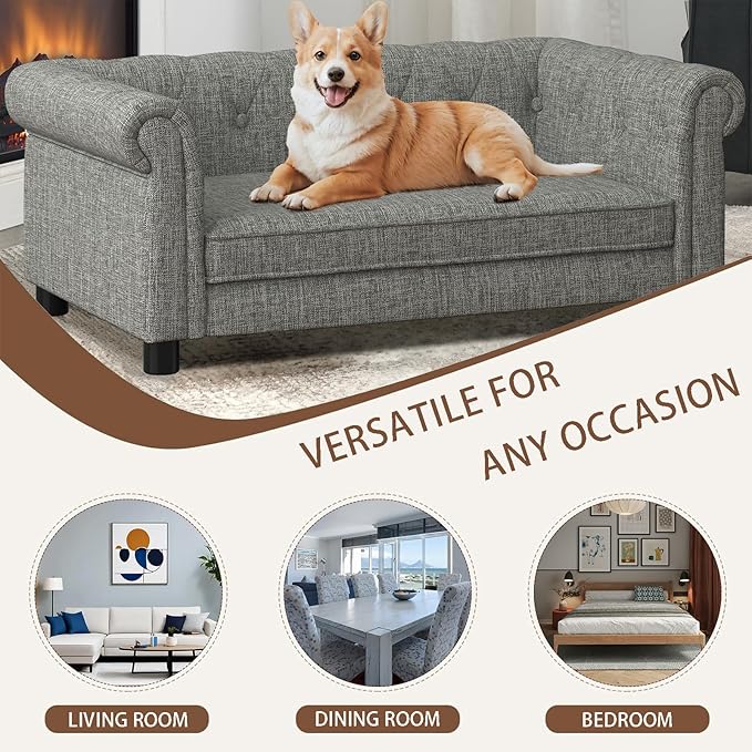 Elevated Rectangle Dog Sofa for Small & Medium Dogs - Comfortable Linen Fabric Dog Bed with Button Tufted Back, Durable Modern and Stylish Pet Bed for Living Room, Bedroom (Light Grey)