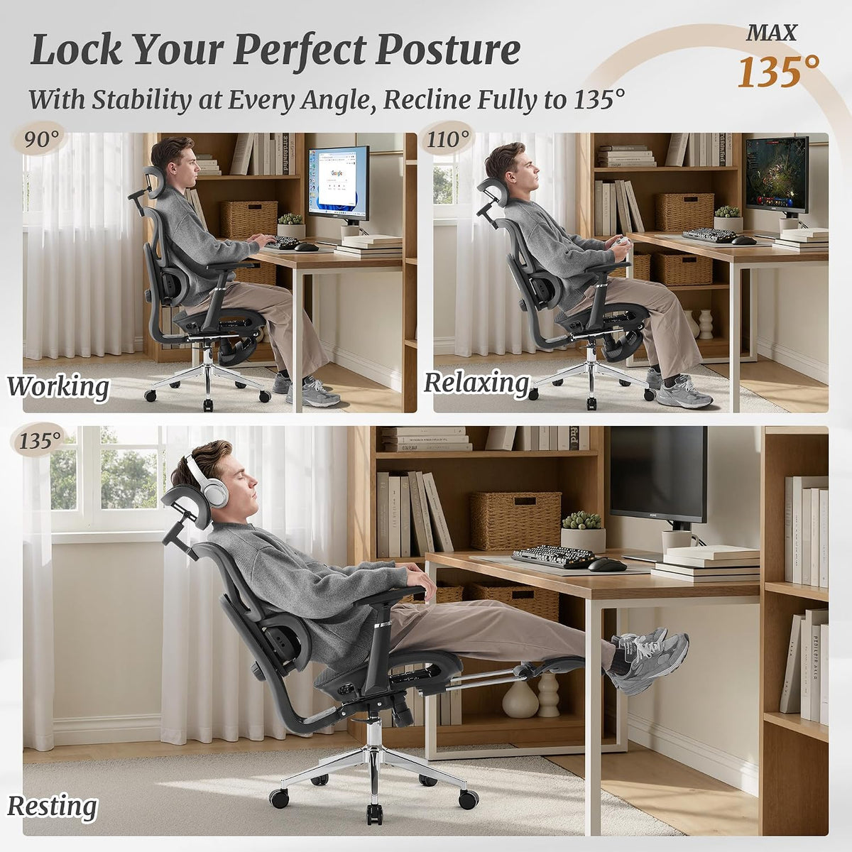 Cozyman Ergonomic Office Chair with Footrest - 5-Level Adjustable Lumbar Support & 90-135°Recline, 3D Headrest & 4D Armrests, Breathable Mesh Seat Computer Chair for Home Office, Gaming, Black